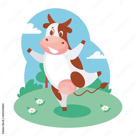 Happy funny cow jumping on the grass and smiling. Vector illustration ...