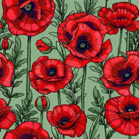 scarlet red poppies, flowers, leaves and stems, seamless vector pattern ...