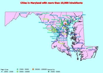 Map of large cities in the state of Maryland ranked by population