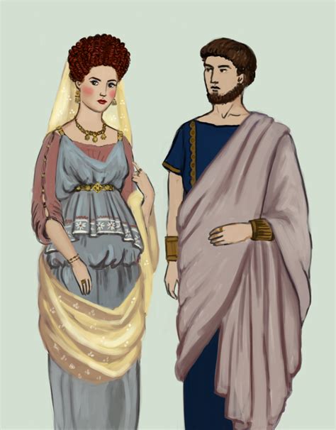 a man and woman dressed in ancient greek costumes, standing next to ...