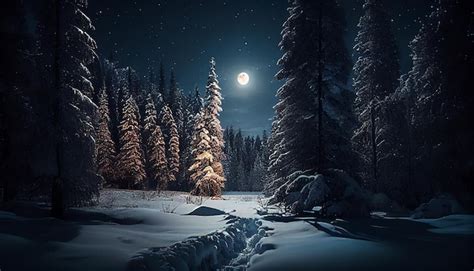 Premium Photo | Snowy winter forest at night with full moongenerative ai