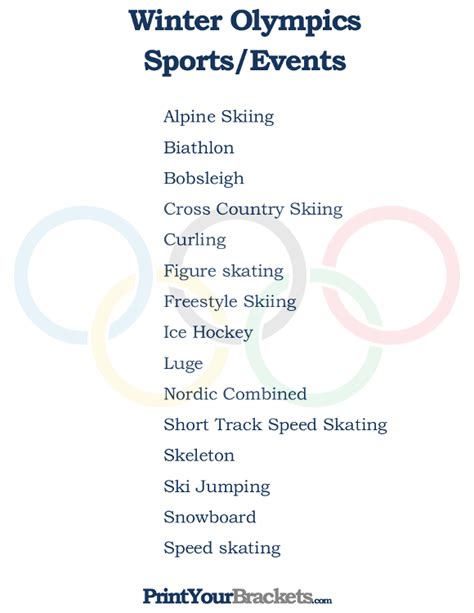 Printable List of Winter Olympics Sports and Events