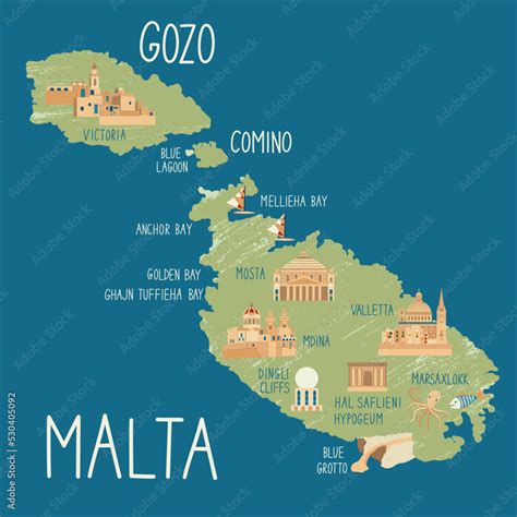 Hand drawn illustrated map of Malta, Gozo and Comino. Concept of travel ...