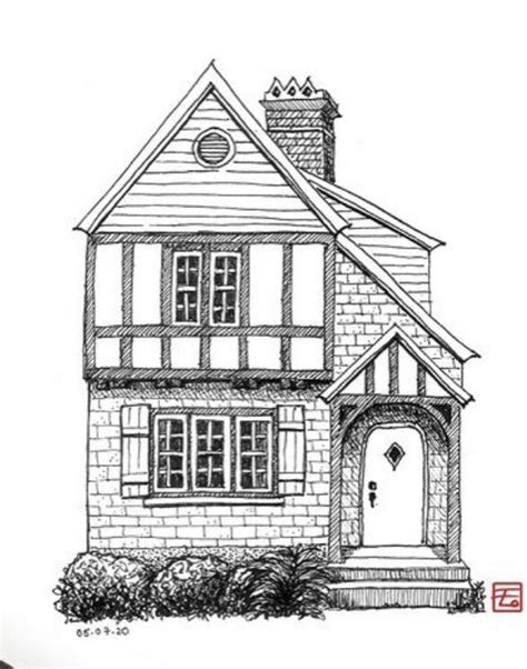 a drawing of a house with a clock tower on the front and side of it