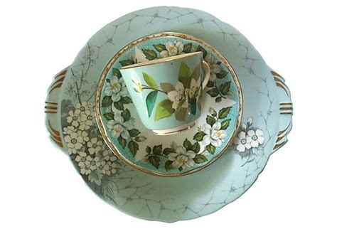 Teal w/ White Flowers China, 4 Pcs on OneKingsLane.com | White flowers ...