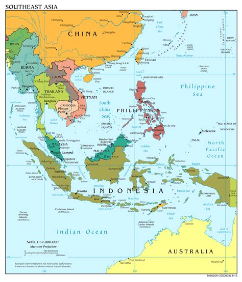 Large scale political map of Southeast Asia with capitals and major ...