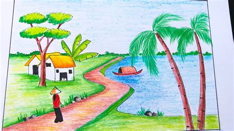 Cách vẽ tranh phong cảnh bằng bút chì màu | how to draw landscape by ...