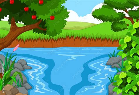 beautiful view of the river cartoon with forest landscape background ...