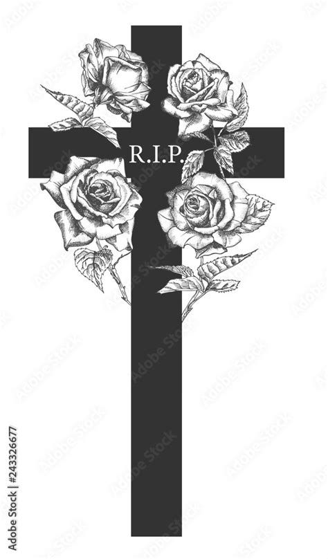 Funeral ornament concept with hand drawn roses and cross in black color ...