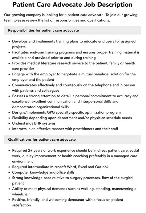 Patient Care Advocate Job Description | Velvet Jobs