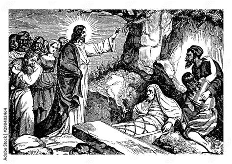 Jesus Resurrects Lazarus of Bethany vintage illustration. Stock Vector ...