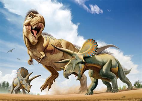 Tyrannosaurus Rex fighting with two Triceratops while trying to hunt ...