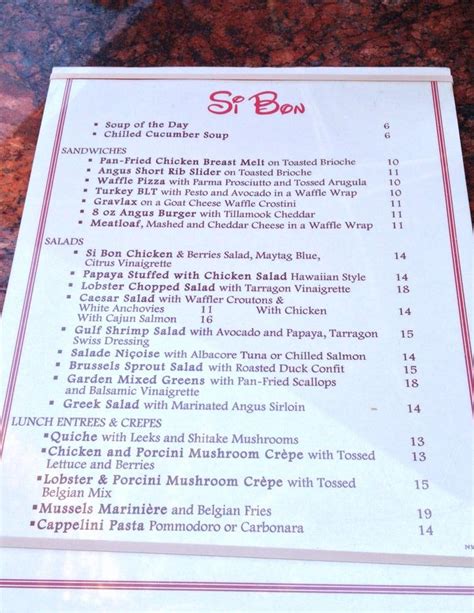 Menu at Si Bon pub & bar, Rancho Mirage