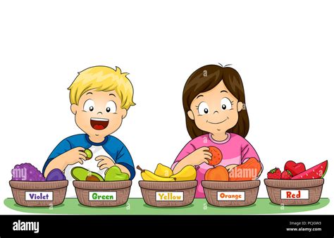 Illustration of Kids Sorting Fruits By Color in Different Baskets from ...