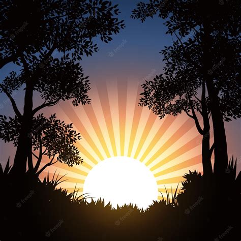 Premium Vector | Nature background with sunrise in forest