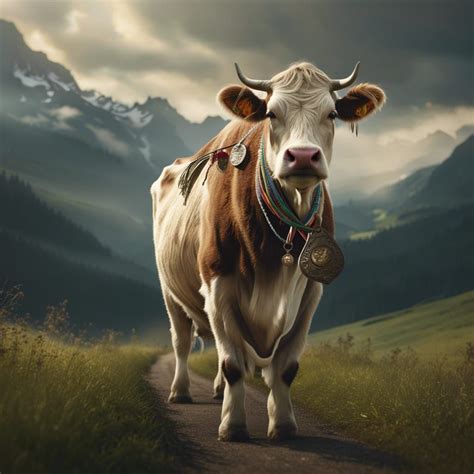 Swiss cow with best of class medal and cowbell, walking alone towards ...