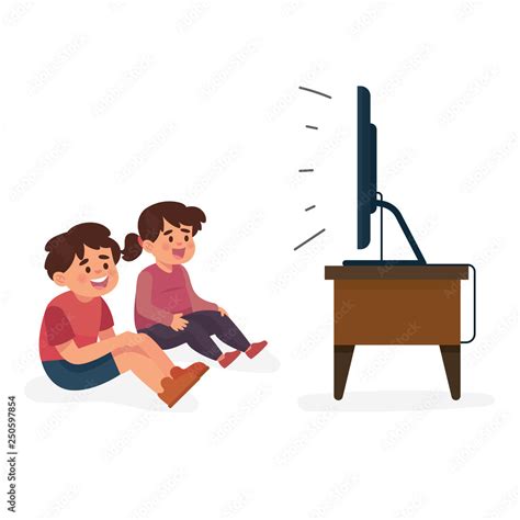 vector illustration happy kids watching tv, boy and girl watching tv ...