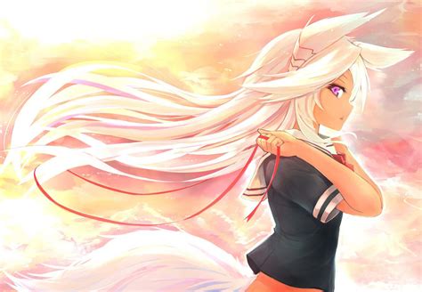 Download A Girl With Long White Hair Is Holding A Red String Wallpaper ...