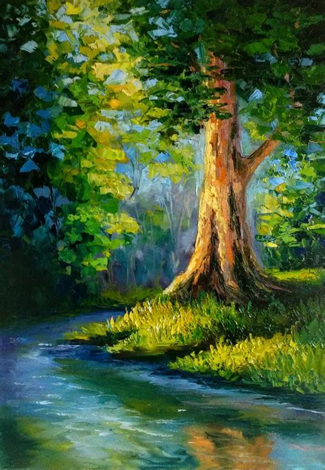 Summer Landscape Sunny Forest Big Tree Day River Green Yellow Painting ...