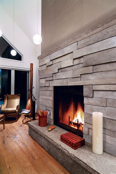 Modern Stacked Stone Fireplace - TheGouchereye