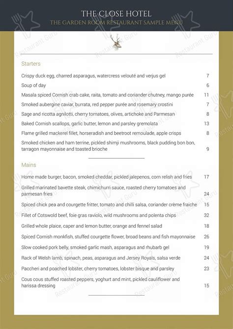 Menu at The Close Hotel restaurant, Tetbury