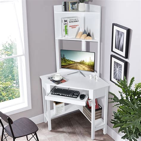 Tangkula White Corner Desk with Hutch, 90 Degrees Triangle Corner ...