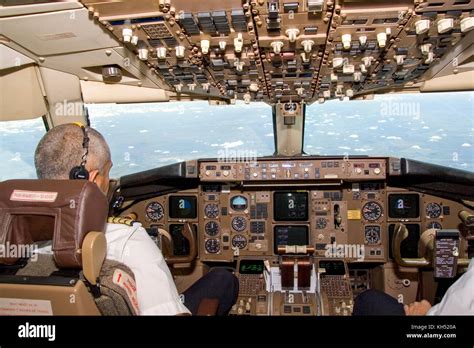 South Africa, The interior of an El-Al Boeing 767 cockpit at take off ...