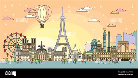 Panoramic line art style Paris City Skyline by sunrise. Colorful vector ...