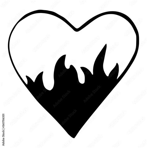 Cartoon fire flame heart. Graphic element vector. Sketch fire heart, in ...