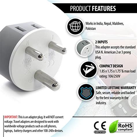 India, Nepal, Maldives Power Plug Adapter by OREI with 2 USA Inputs ...