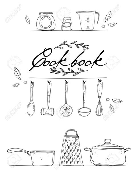 cookbook cover with hand drawn kitchenware, spice and lettering on a ...