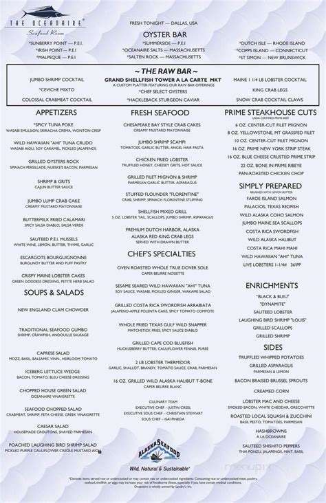 Menu of The Oceanaire Seafood Room - Dallas in Dallas, TX 75240