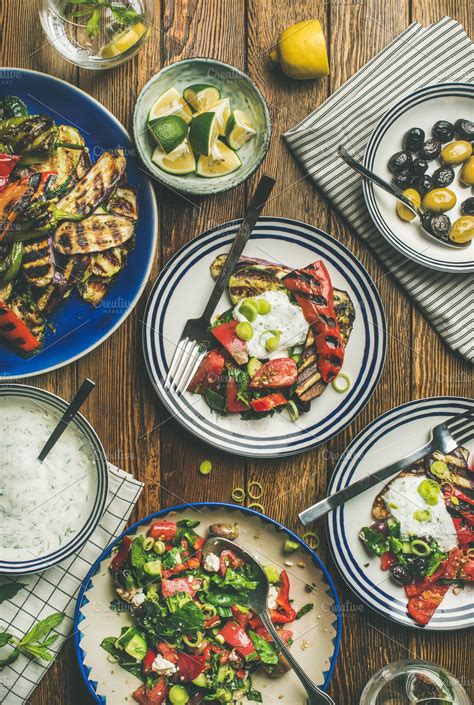 Flat-lay of healthy dinner table setting ~ Food & Drink Photos ...