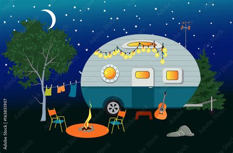 Cartoon travelling night scene with a vintage camper, a fire pit ...