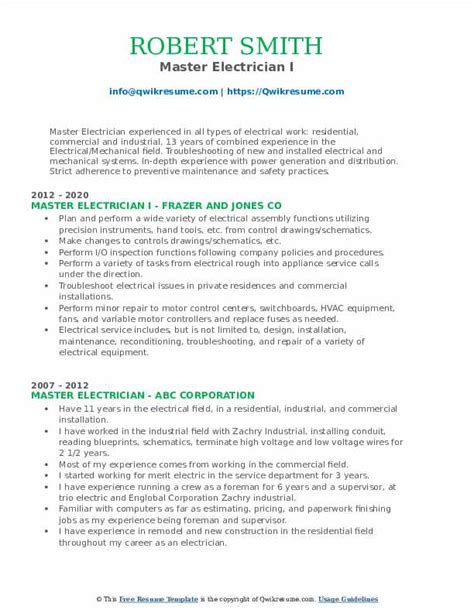 Master Electrician Resume Samples | QwikResume