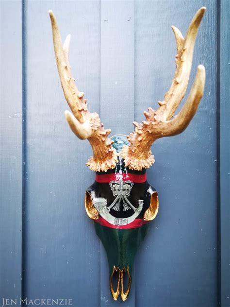 Roebuck antlers with Rifles cap badge - Antler Art