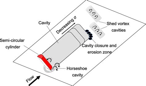 A schematic overview of the cavitating flow over a semi-circular ...