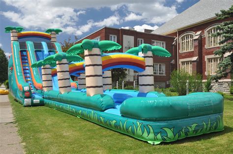 an inflatable water slide with palm trees on it