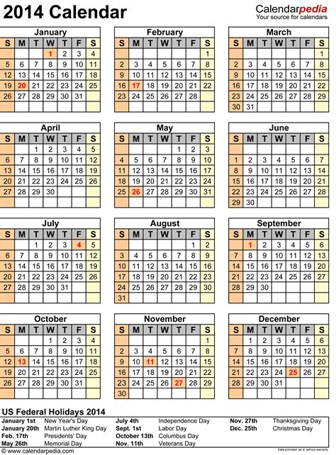 2014 Calendar with Federal Holidays & Excel/PDF/Word templates