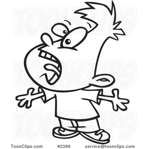 Cartoon Black and White Line Drawing of a Boy Yelling #2388 by Ron Leishman