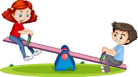 Cartoon character boy and girl playing seesaw on white background ...