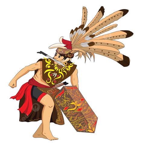 A Dayak Man Dancing Mandau And Shield Borneo Kalimantan Vector ...