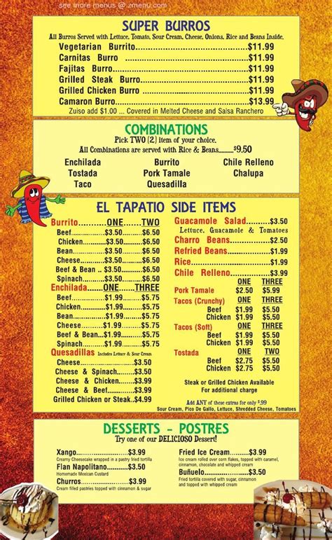 Menu at El Tapatio Mexican Restaurant, Wooster