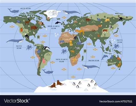 Animals world map for kids Royalty Free Vector Image