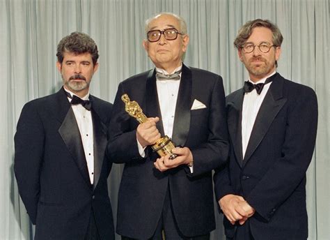 Akira Kurosawa is flanked by George Lucas and Steven Spielberg after ...