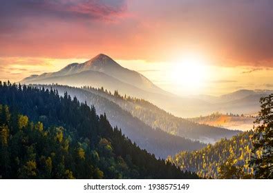 Sunset Landscape High Peaks Foggy Valley Stock Photo 1938575149 ...