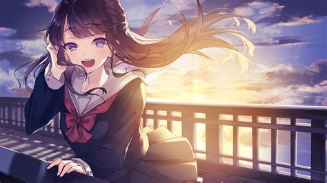 Sunset Bliss: Anime Schoolgirl HD Wallpaper