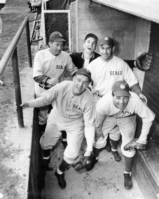 [Five San Francisco Seals players standing in the dugout] — Calisphere