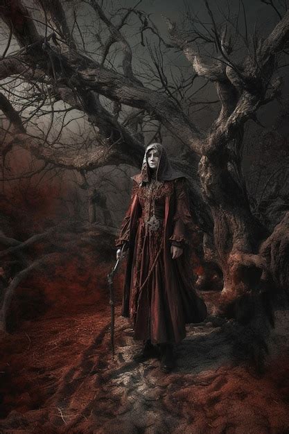 Premium AI Image | A dark fantasy art style with a woman in a red dress ...