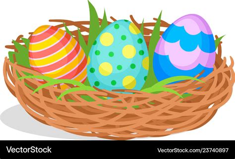 Three painted easter eggs in brown nest with green